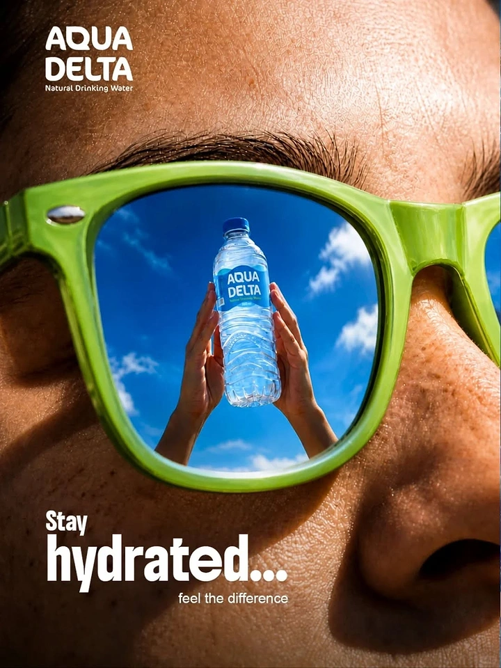 Packaged Drinking Water creative ad: Water bottle held skyward, reflected in green sunglasses lens