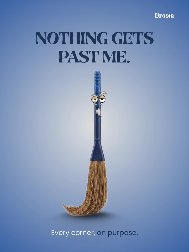 Cleaning Services creative ad: Upright broom with a grumpy, wise old-man cartoon face