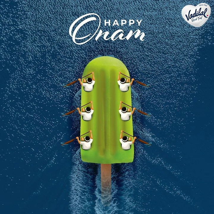 Onam creative ad: Green popsicle turned into a snake boat with rowers