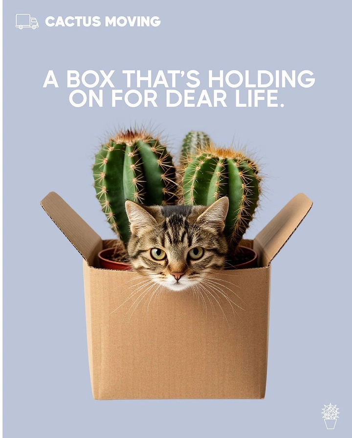 Movers & Packers creative ad: Cat and cactus box, witty fragile pun