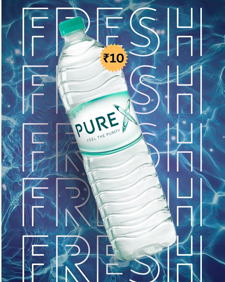 Packaged Drinking Water creative ad: Bottle interrupts bold repeated FRESH typography