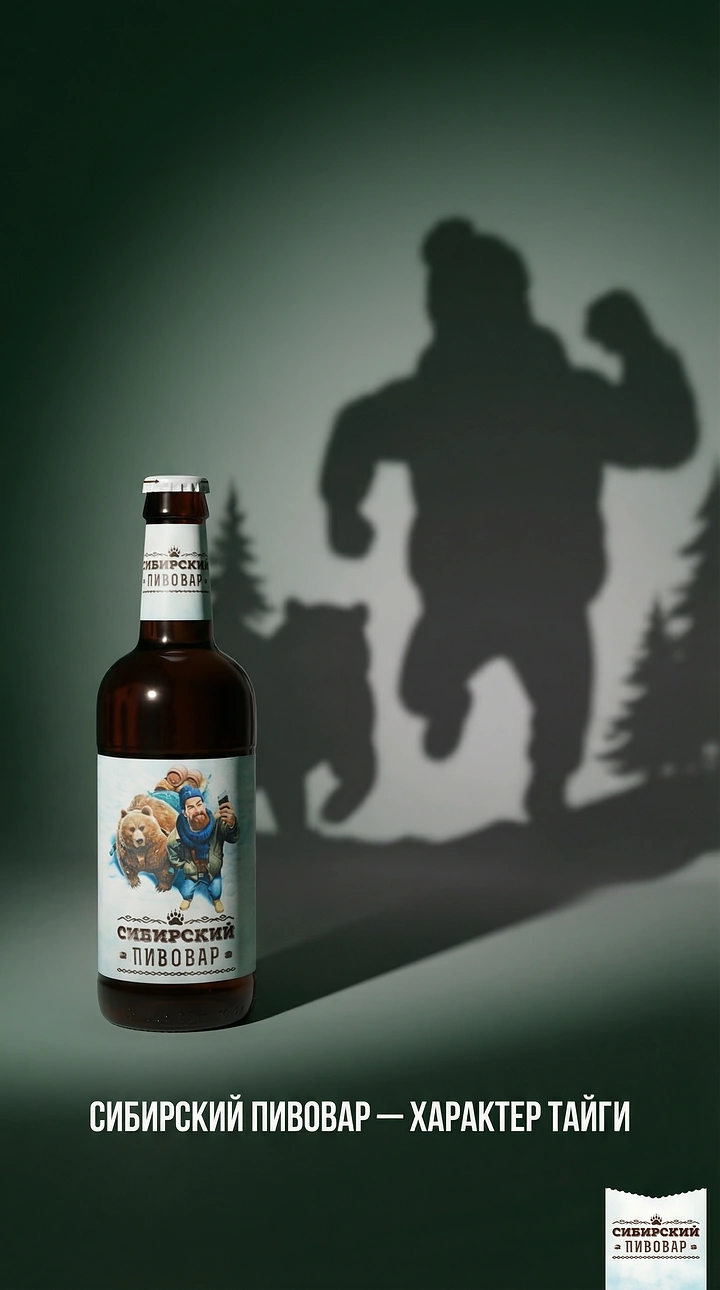 Creative ad: Beer bottle casting a giant shadow of a striding man and bear in a taiga forest