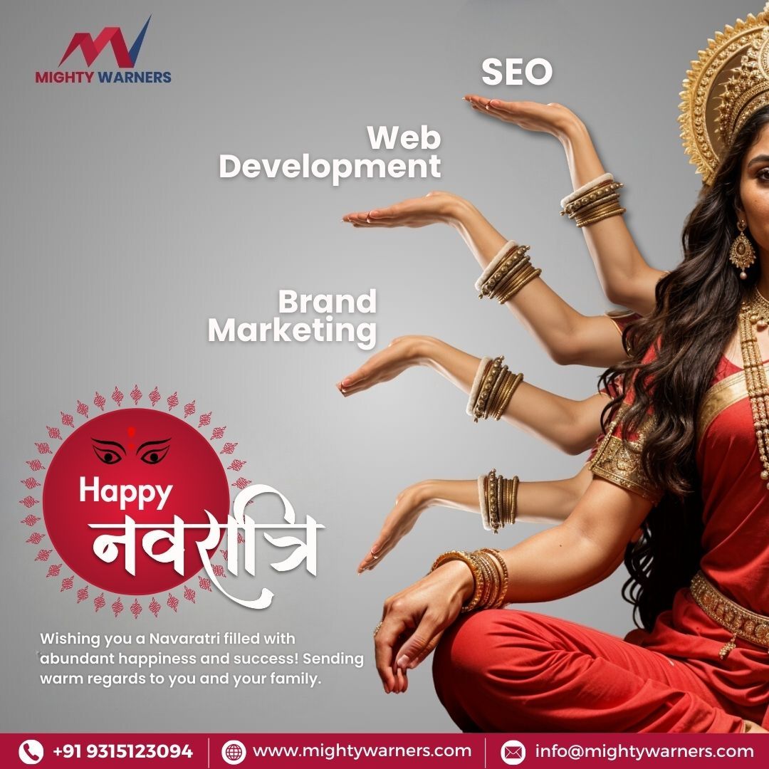 Durga-styled woman with multiple arms holding up service labels