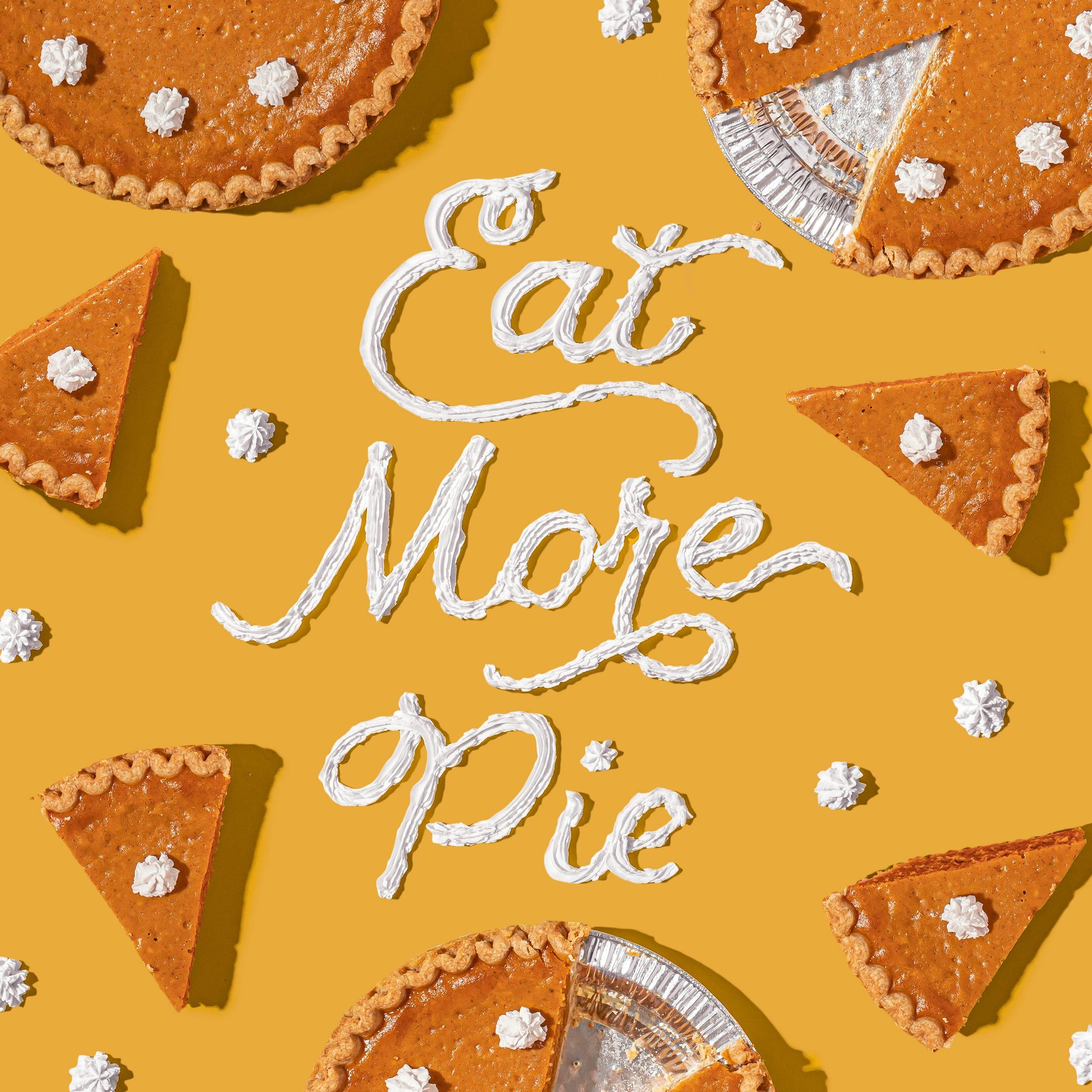 Whipped-cream script lettering among pumpkin pies