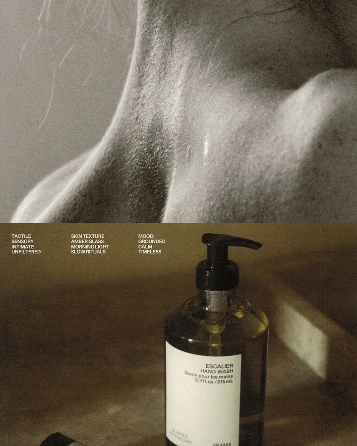 Spa & Massage creative ad: Editorial skin-texture moodboard pairing with product