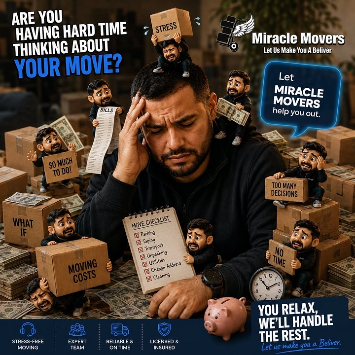 Movers & Packers creative ad: Tiny stress figurines crowding a mover's head