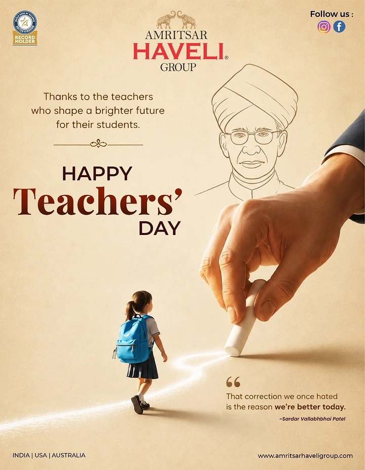Teachers Day creative ad: Giant hand drawing a chalk path for a small schoolgirl, beside a line-art portrait of an elderly educator