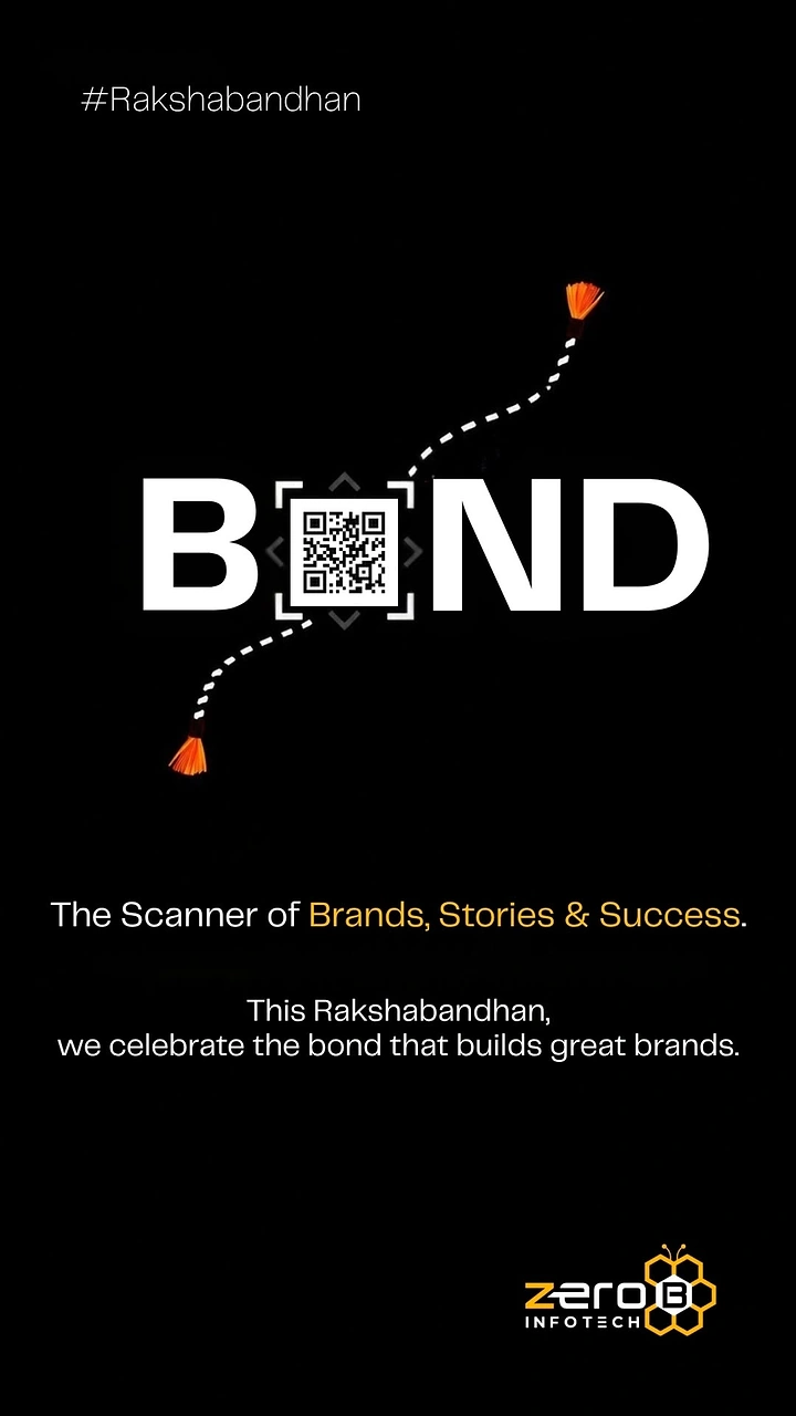 Raksha Bandhan creative ad: Bold word BOND with QR-code O crossed by a dotted rakhi thread