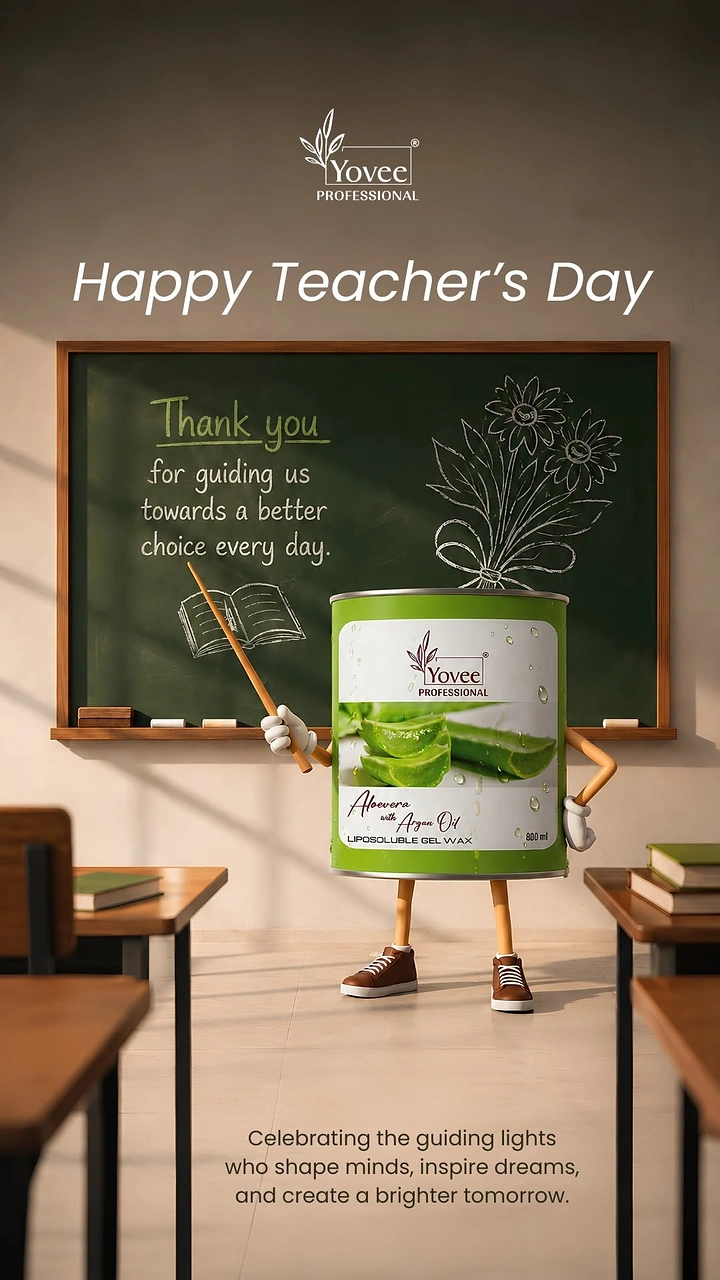 Teachers Day creative ad: Wax tin mascot with arms and legs teaching at a chalkboard