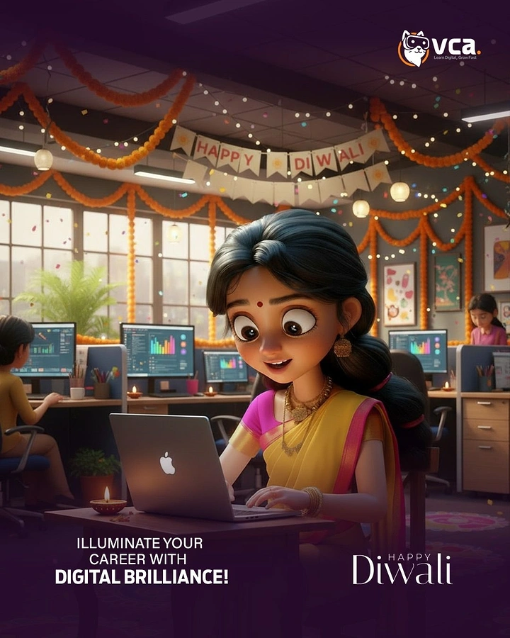 Diwali creative ad: Pixar-style girl in saree working on laptop in decorated office