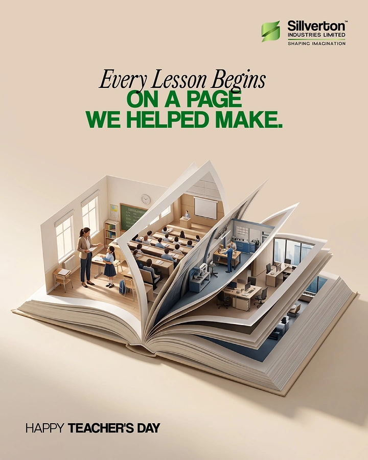 Teachers Day creative ad: Open book with pop-up pages forming classroom and office dioramas