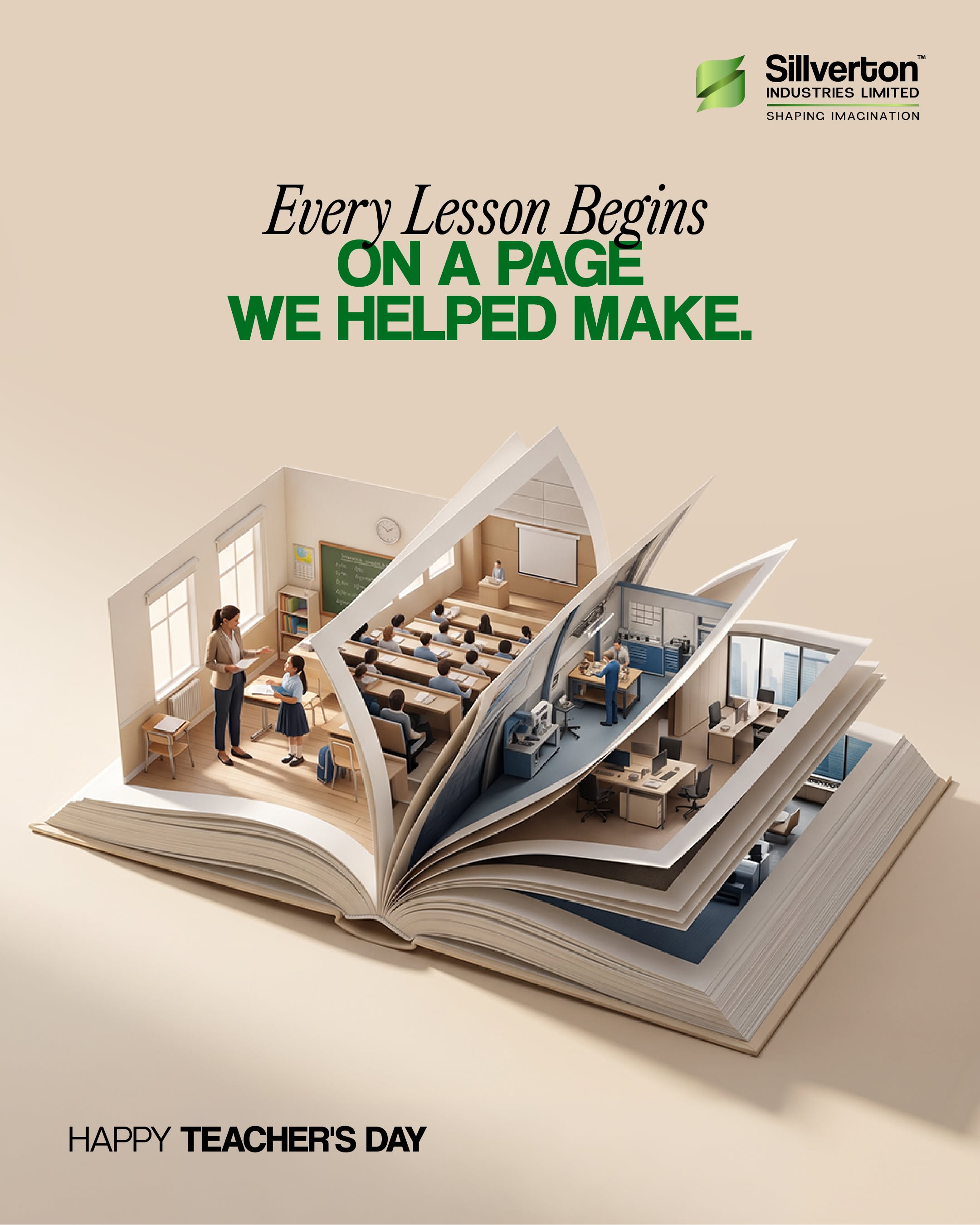Open book with pop-up pages forming classroom and office dioramas