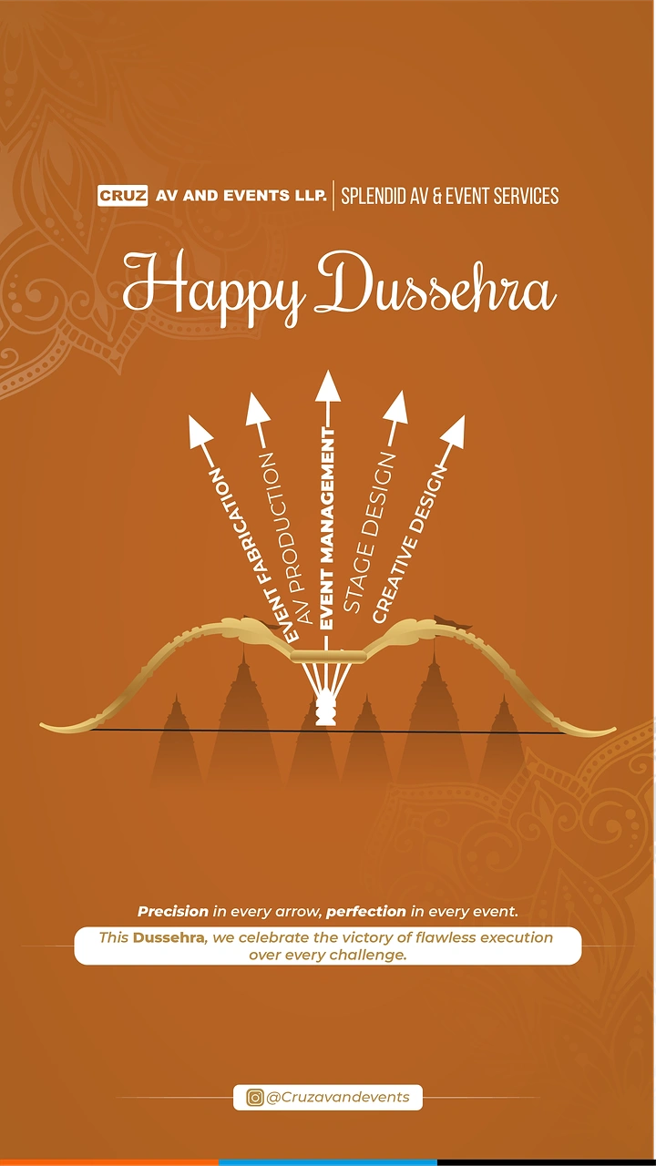 Dussehra creative ad: Golden bow firing five labelled arrows over temple spires
