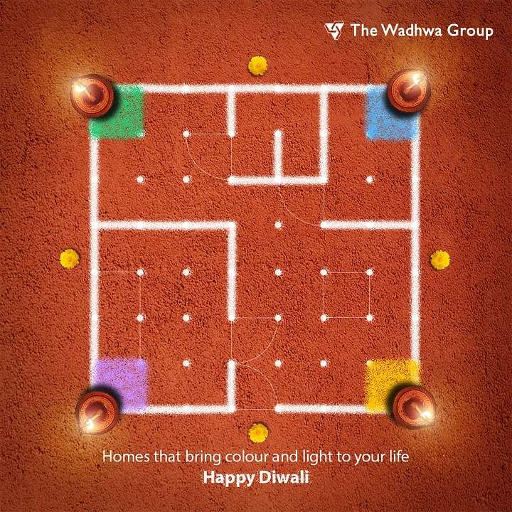 Diwali creative ad: Architectural floor plan drawn as white chalk rangoli with diyas at the corners