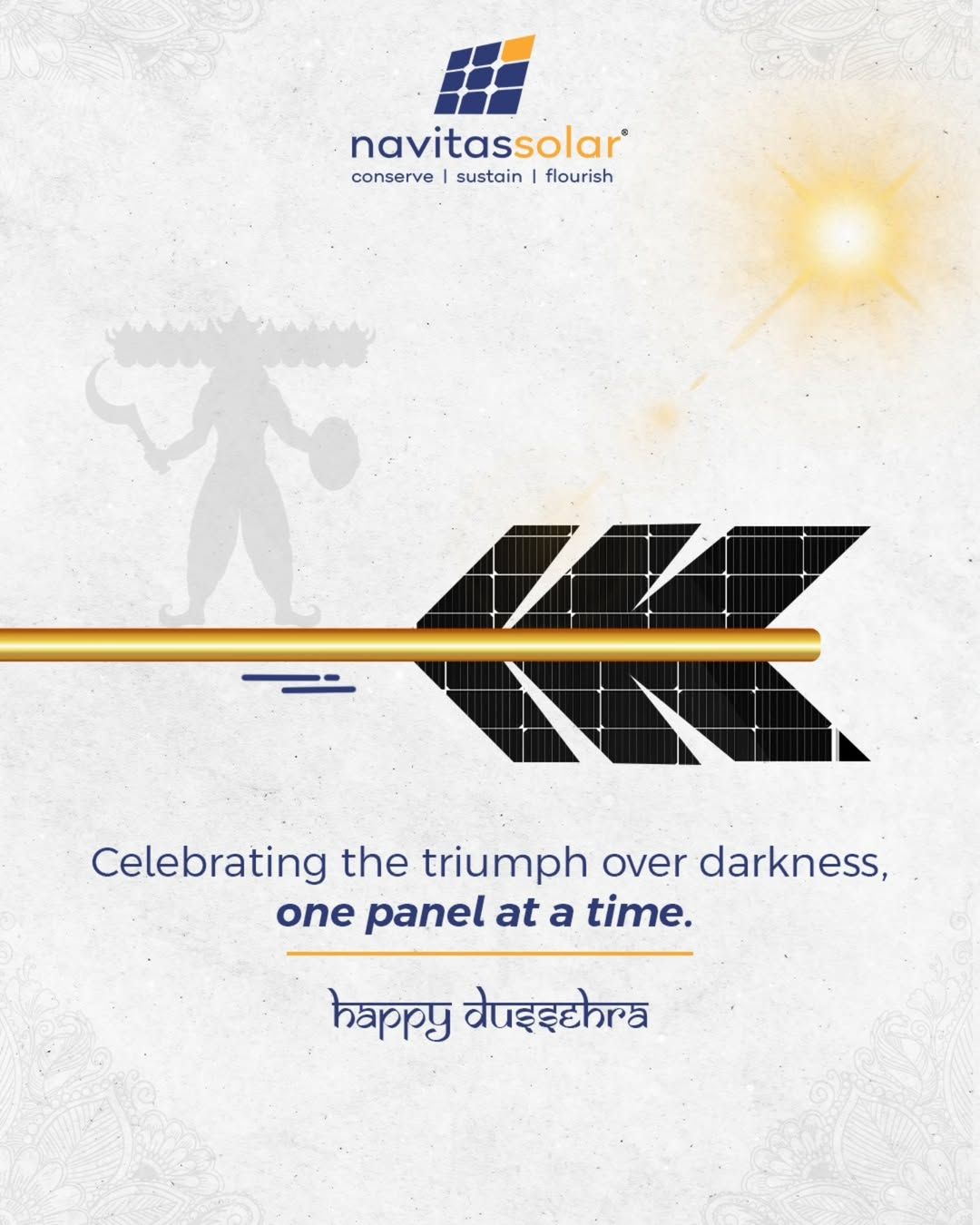 An arrow with solar-panel fletching flying toward a faded Ravana silhouette