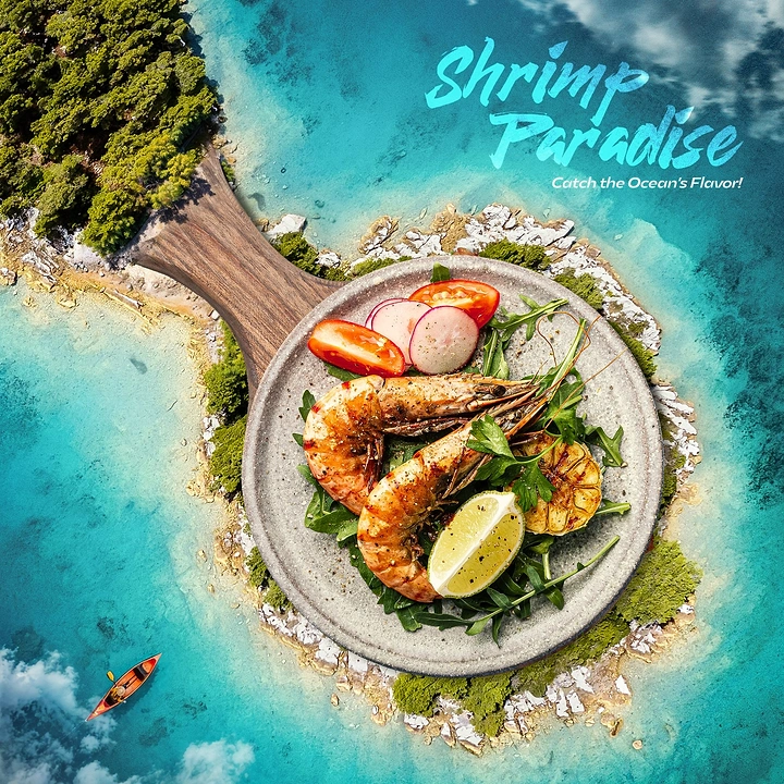 Seafood Restaurants creative ad: Shrimp dish staged as beach paradise
