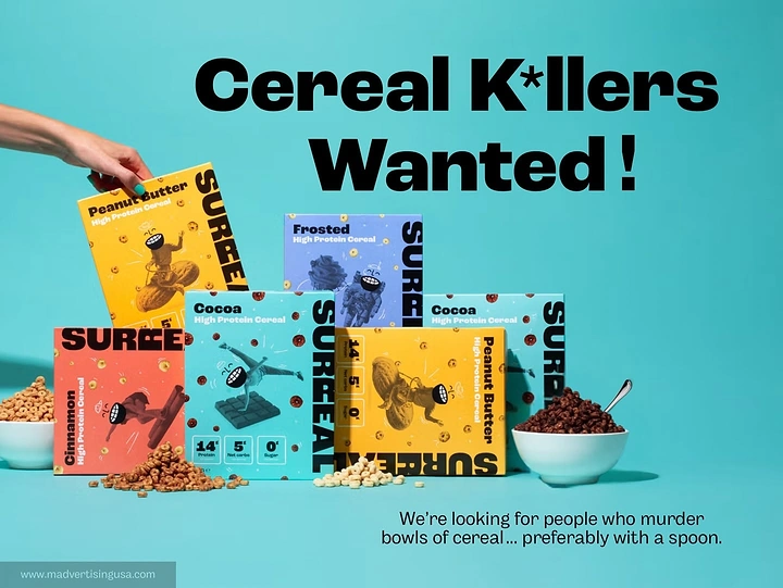 Breakfast Cereals & Oats creative ad: Cereal killers pun drives recruitment-poster concept