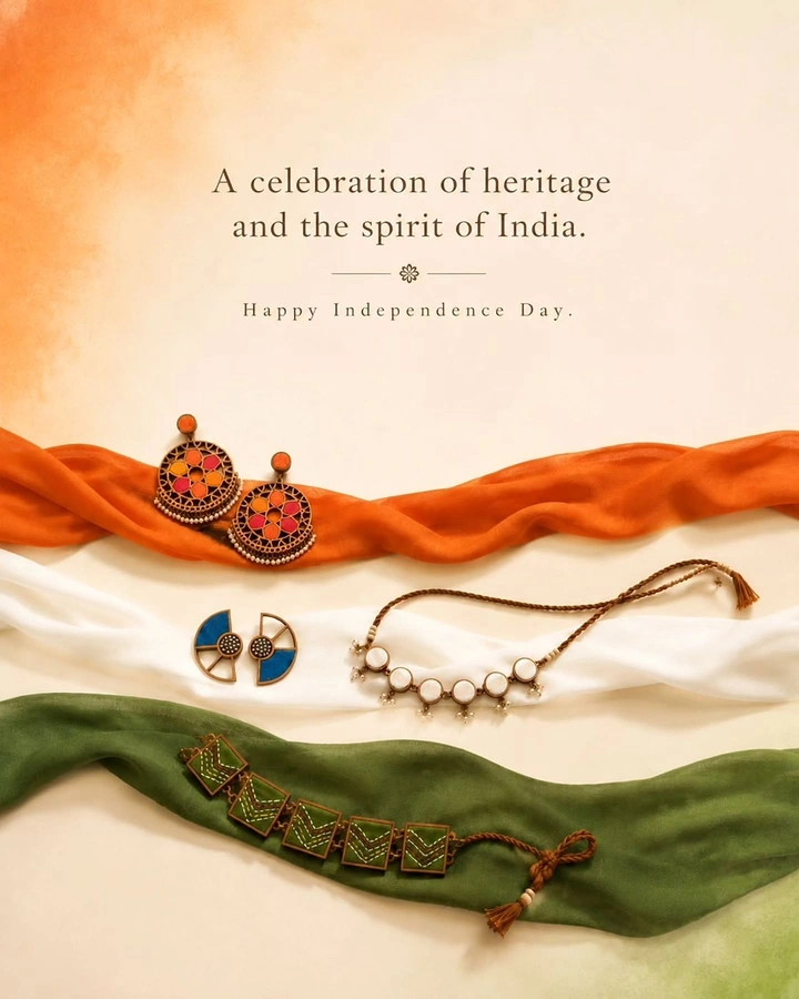 Independence Day creative ad: Jewelry styled on tricolor fabric waves