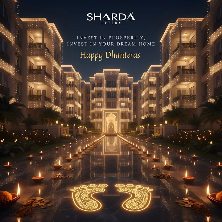 Dhanteras creative ad: Illuminated residential complex at night with a diya-lined pathway