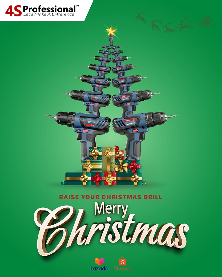 Christmas creative ad: Cordless drills stacked into a Christmas tree shape