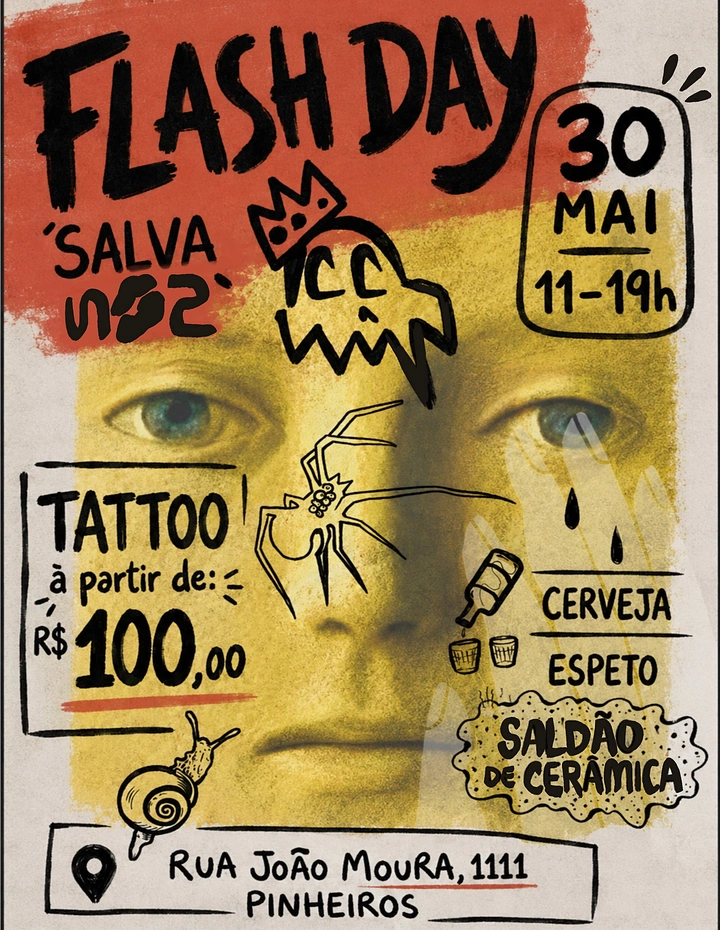 Tattoo Studios creative ad: Doodles tattooed onto face, zine flash day