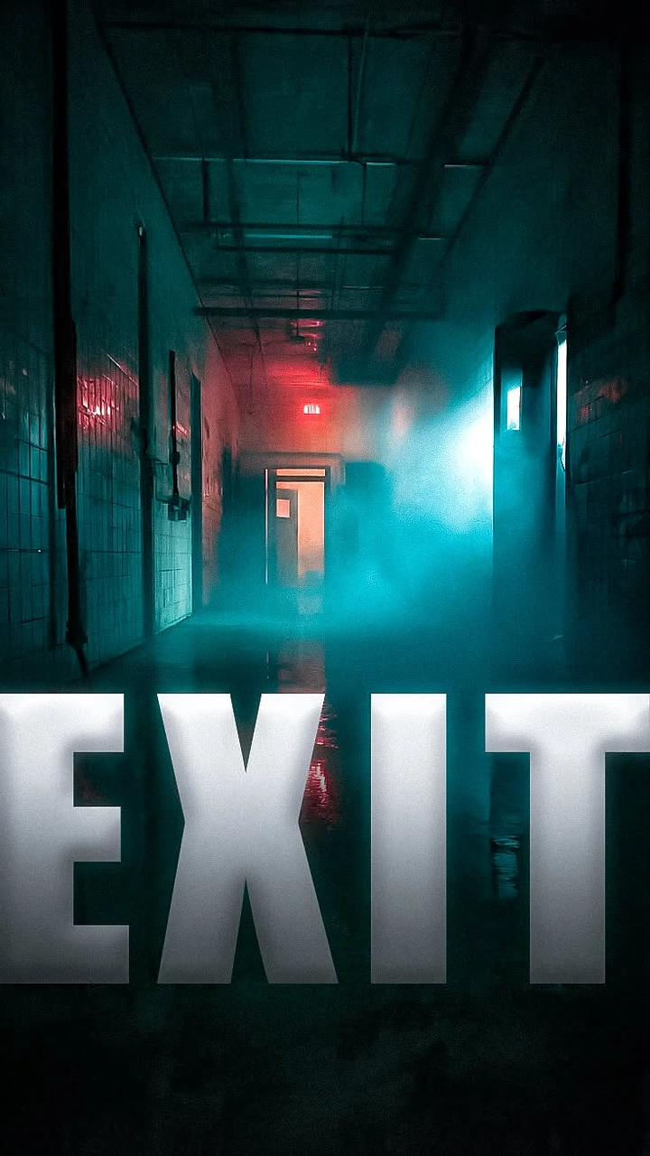 Escape Rooms creative ad: EXIT typography transforms hallway photography