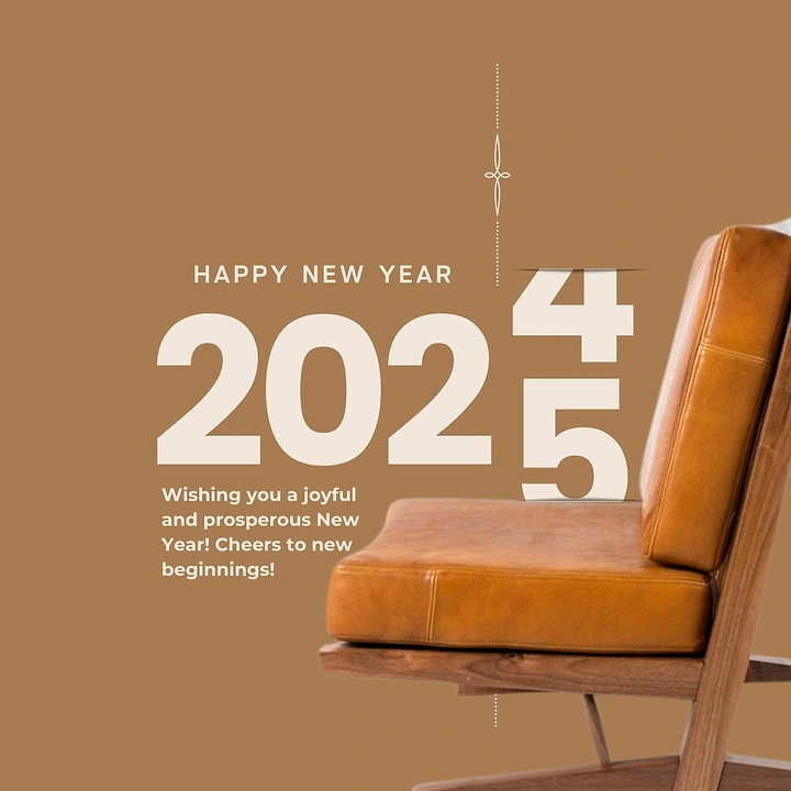 New Year creative ad: Tan leather and wood lounge chair beside flip-style year numerals