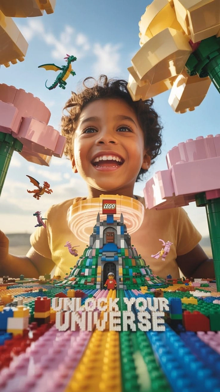 Children's Day creative ad: Laughing child above a colourful toy-brick world with a castle