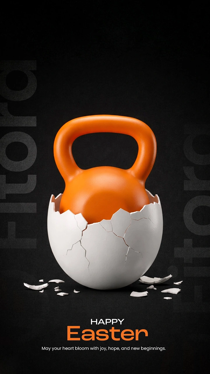 Easter creative ad: Orange kettlebell hatching from a cracked white eggshell
