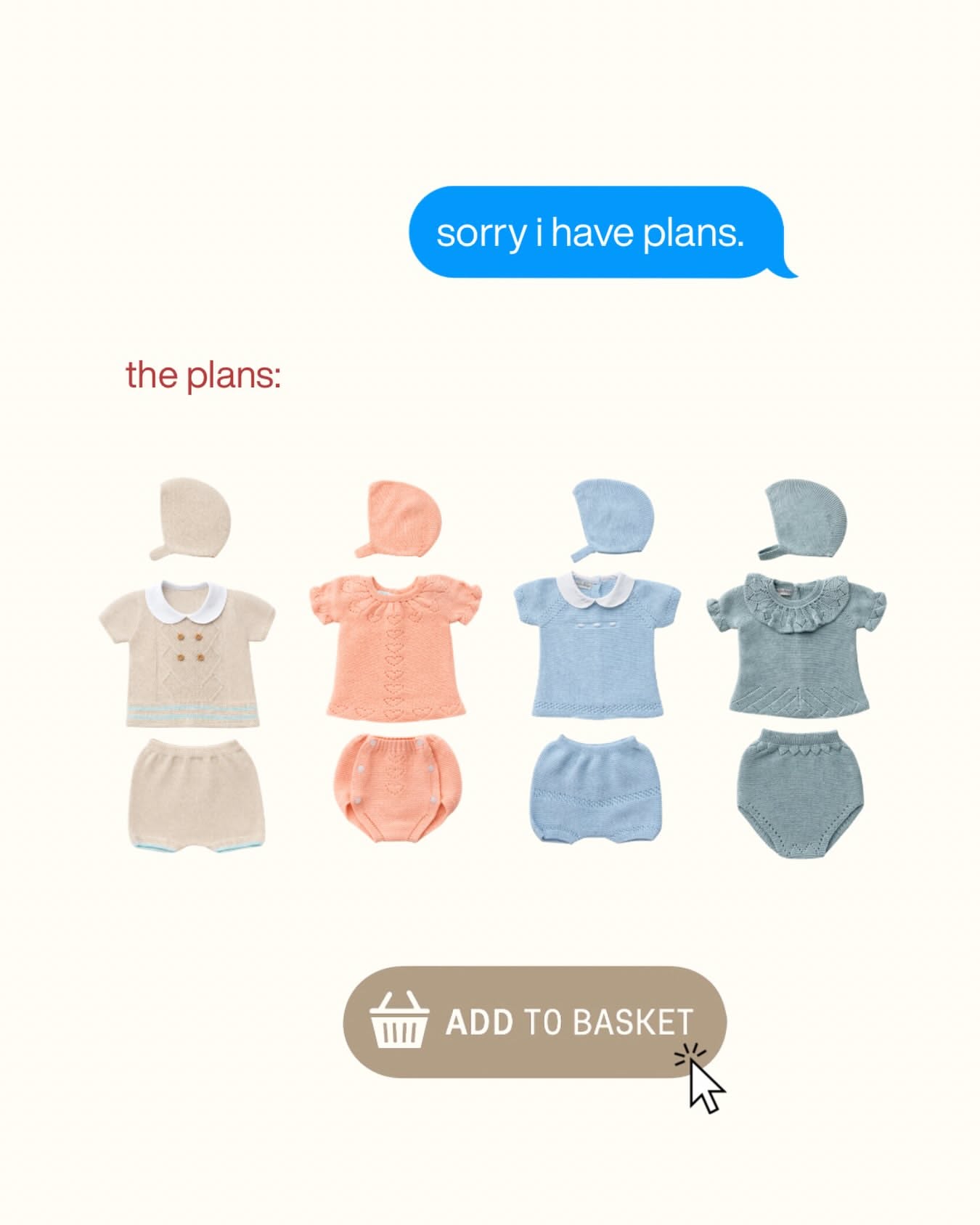 Instagram post: Four pastel knit baby outfit sets in a row