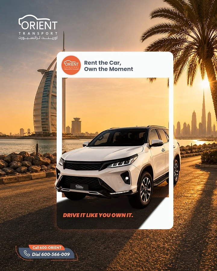 Car Rental creative ad: Car breaking out of frame, Dubai sunset