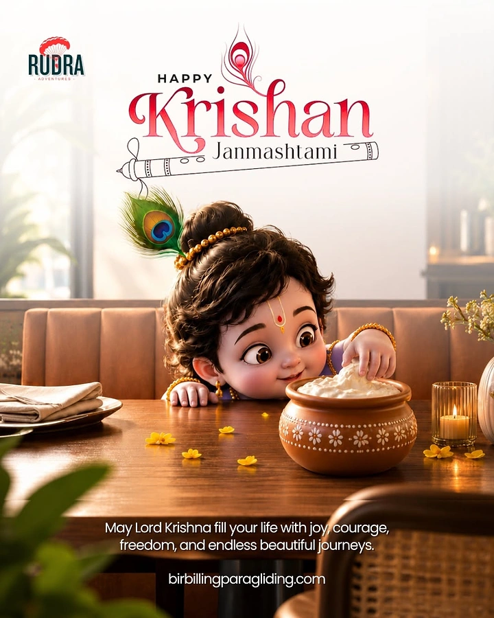 Janmashtami creative ad: 3D baby Krishna peeking over a table stealing butter from a clay pot