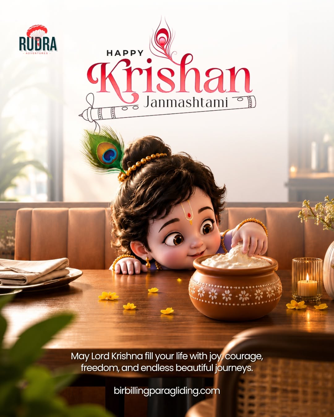 3D baby Krishna peeking over a table stealing butter from a clay pot