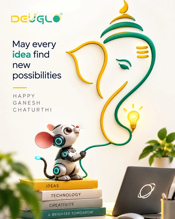 Ganesh Chaturthi creative ad: 3D neon-tube line Ganesha on a wall, powered by a cute robotic mouse holding the cable