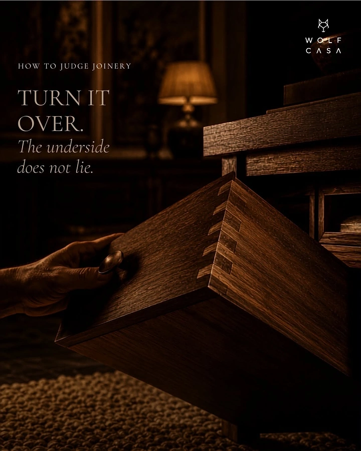 Carpenters & Woodwork creative ad: Moody joinery close-up, 'underside does not lie'