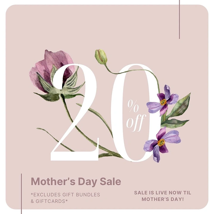 Mother's Day creative ad: Giant white serif 20 intertwined with watercolour purple flowers