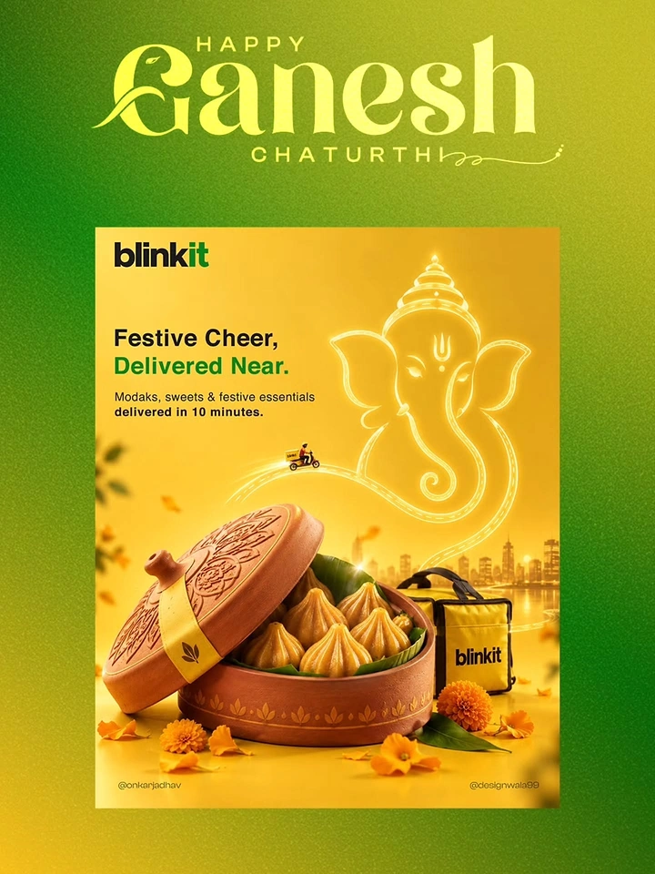 Ganesh Chaturthi creative ad: Terracotta pot of modaks with a glowing line-art Ganesha and delivery bag