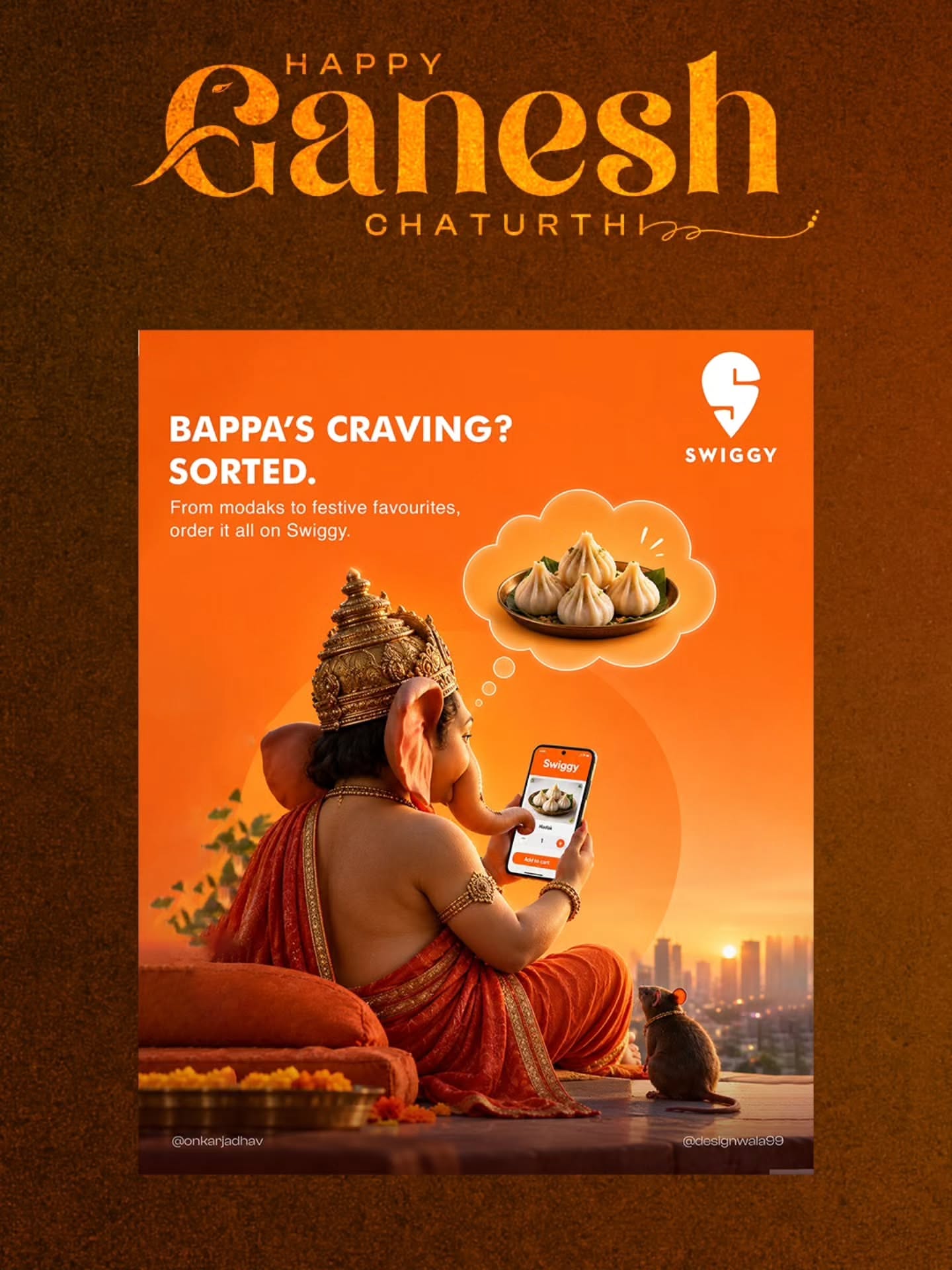 Terracotta pot of modaks with a glowing line-art Ganesha and delivery bag