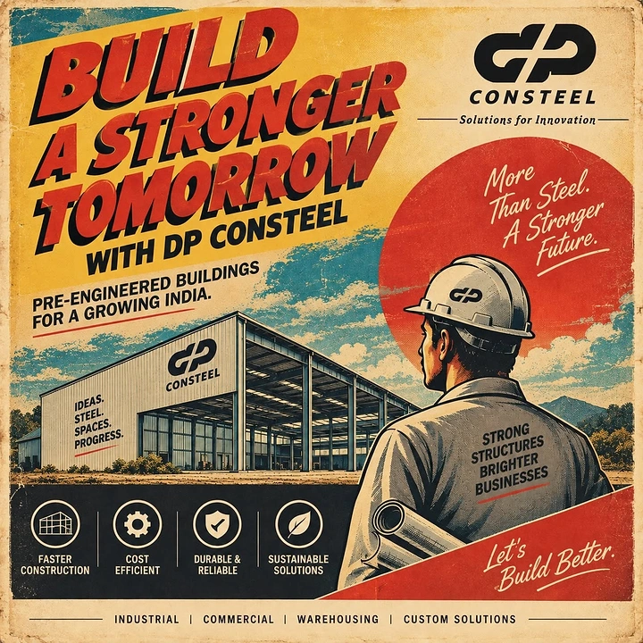 Construction creative ad: Industrial worker overlooking a steel building
