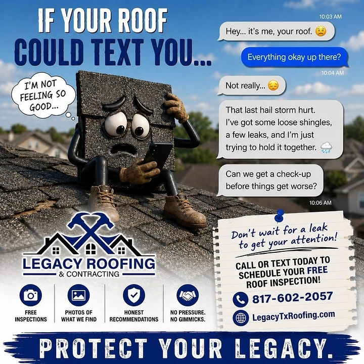 Roofing creative ad: Talking shingle texting homeowner about damage