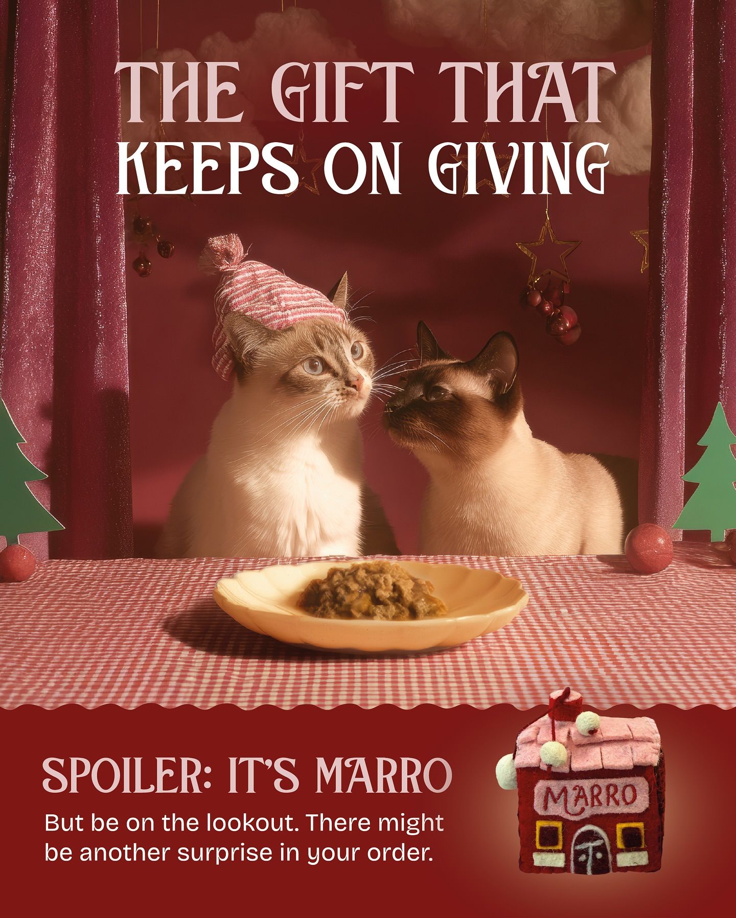 Christmas Instagram post: Two cats nuzzling over a dish of food