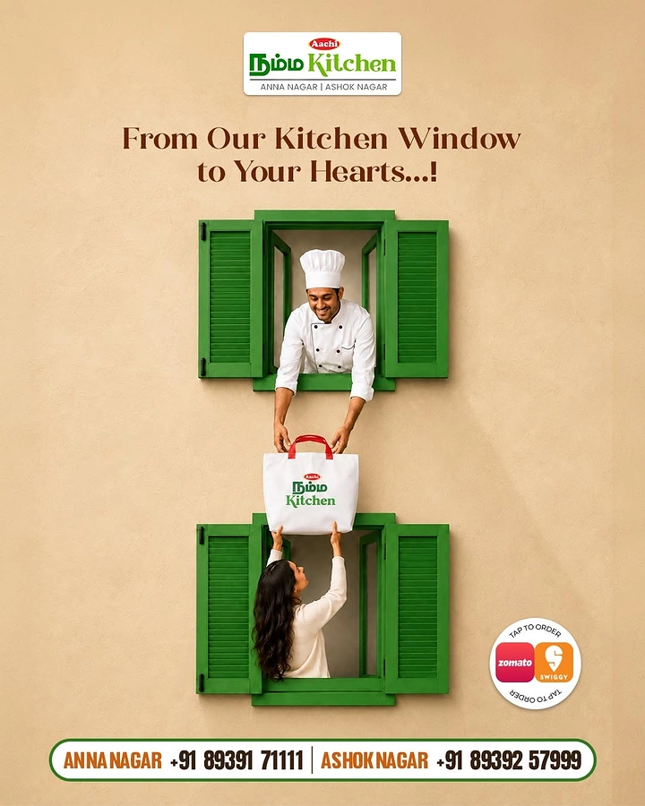 Cloud Kitchens & Food Trucks creative ad: Kitchen window handing delivery to home