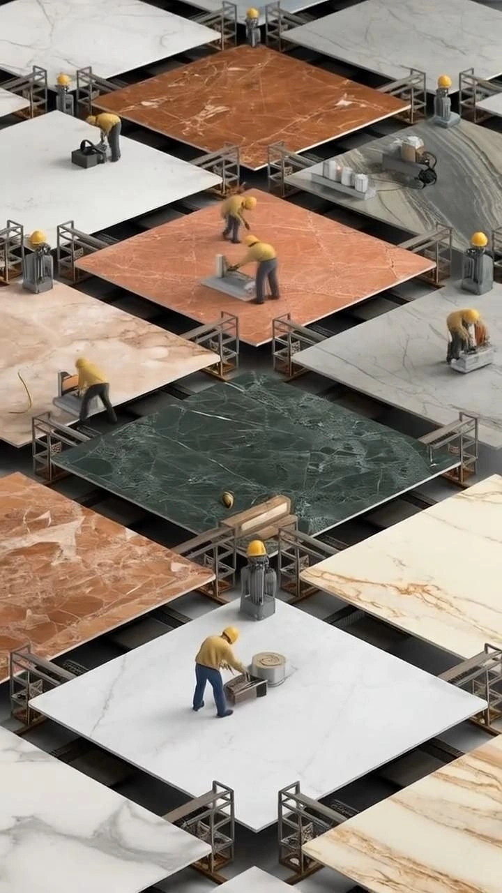 Cement, Steel & Building Materials creative ad: Miniature workers polishing giant marble slabs in an isometric grid