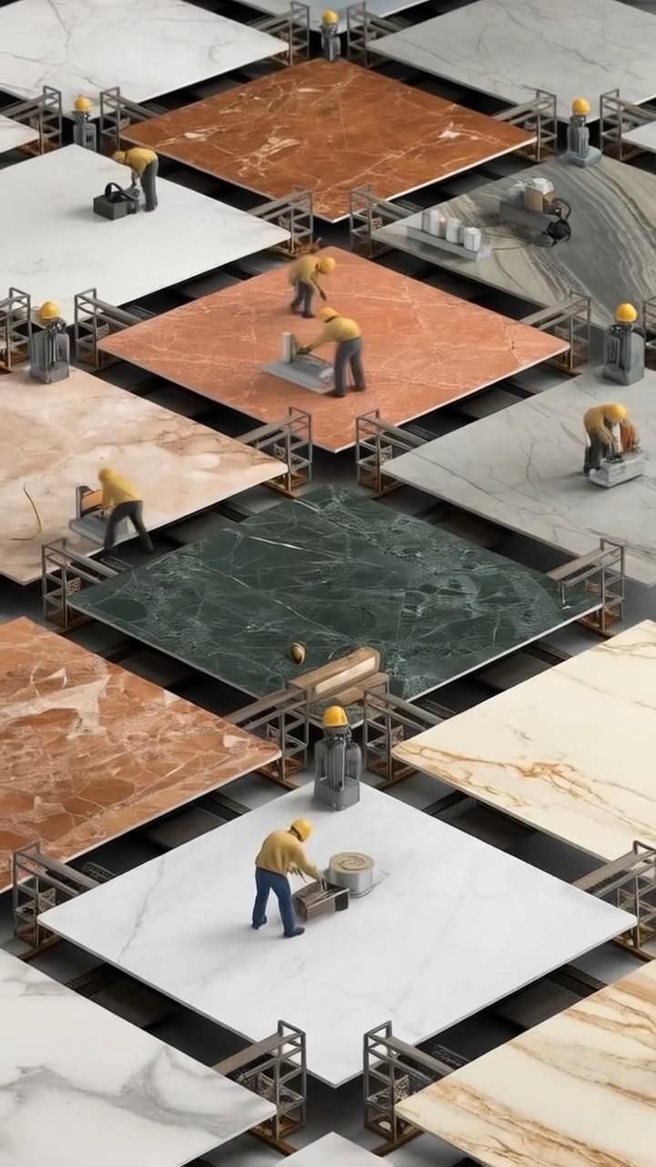 Story: Miniature workers polishing giant marble slabs in an isometric grid