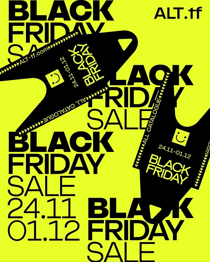Black Friday creative ad: Two oversized black swing tags over repeated Black Friday typography
