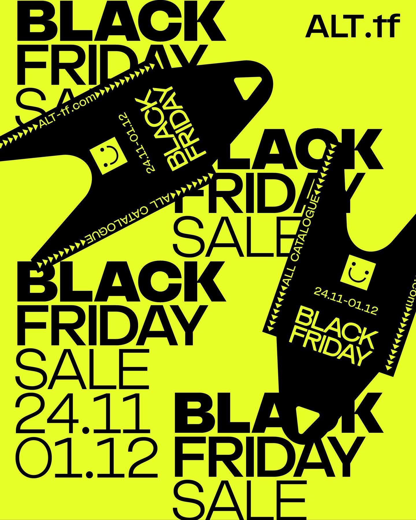 Two oversized black swing tags over repeated Black Friday typography