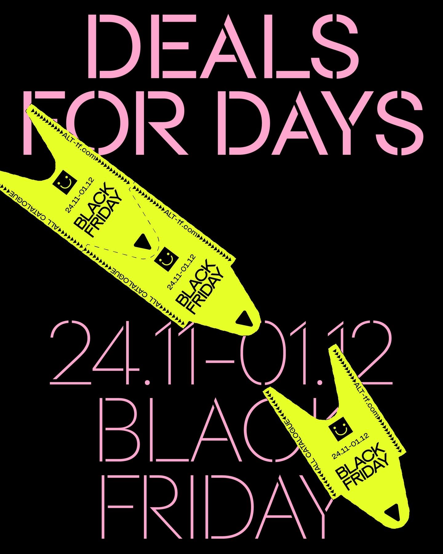 Two oversized black swing tags over repeated Black Friday typography