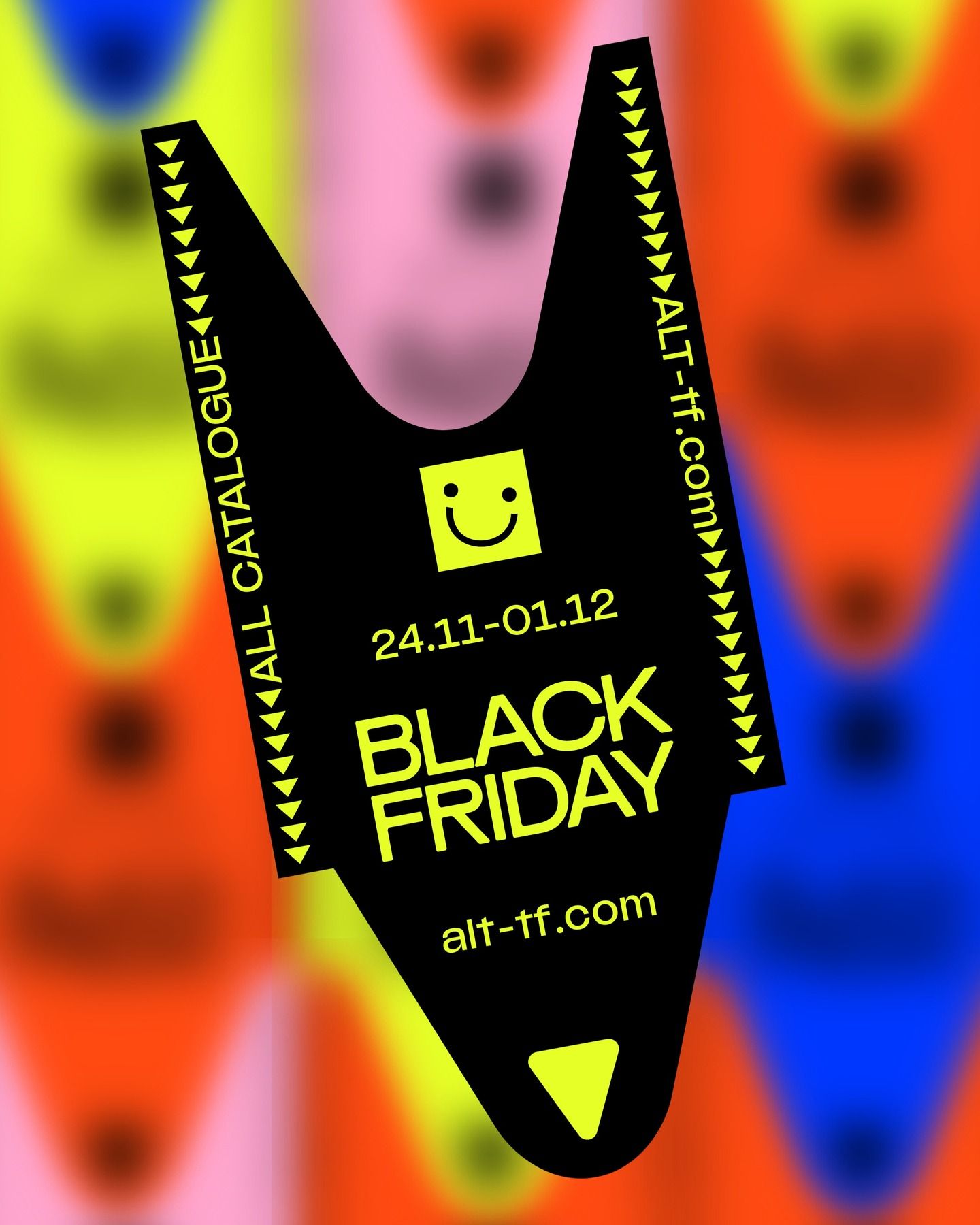 Two oversized black swing tags over repeated Black Friday typography