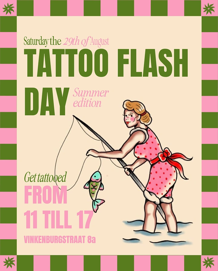 Tattoo Studios creative ad: Pin-up fishing flash, bold retro poster