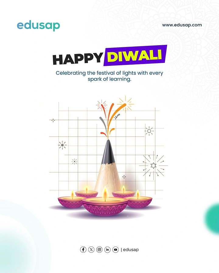 Diwali creative ad: Sharpened pencil tip bursting like a firecracker, with purple diyas in front